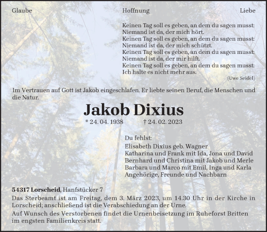 Traueranzeige von Jakob Dixius von trierischer_volksfreund