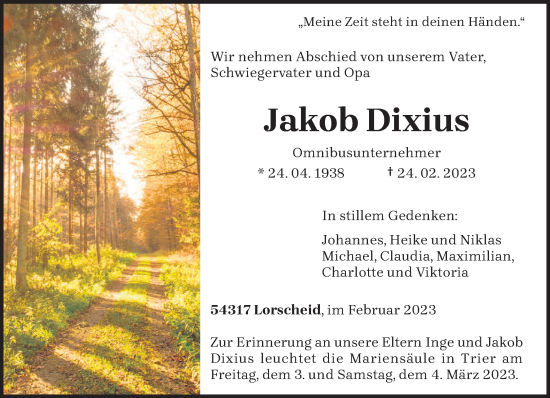 Traueranzeige von Jakob Dixius von trierischer_volksfreund