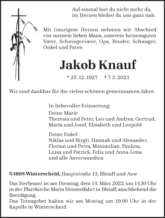 Traueranzeige von Jakob Knauf von trierischer_volksfreund