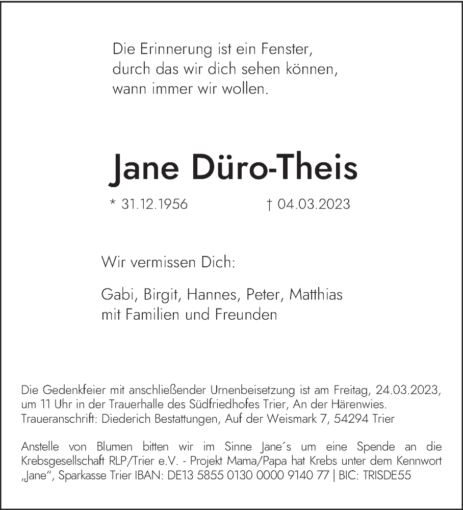  Traueranzeige für Jane Düro-Theis vom 11.03.2023 aus trierischer_volksfreund