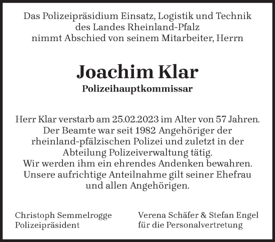 Traueranzeige von Joachim Klar von trierischer_volksfreund