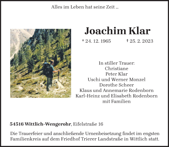 Traueranzeige von Joachim Klar von trierischer_volksfreund