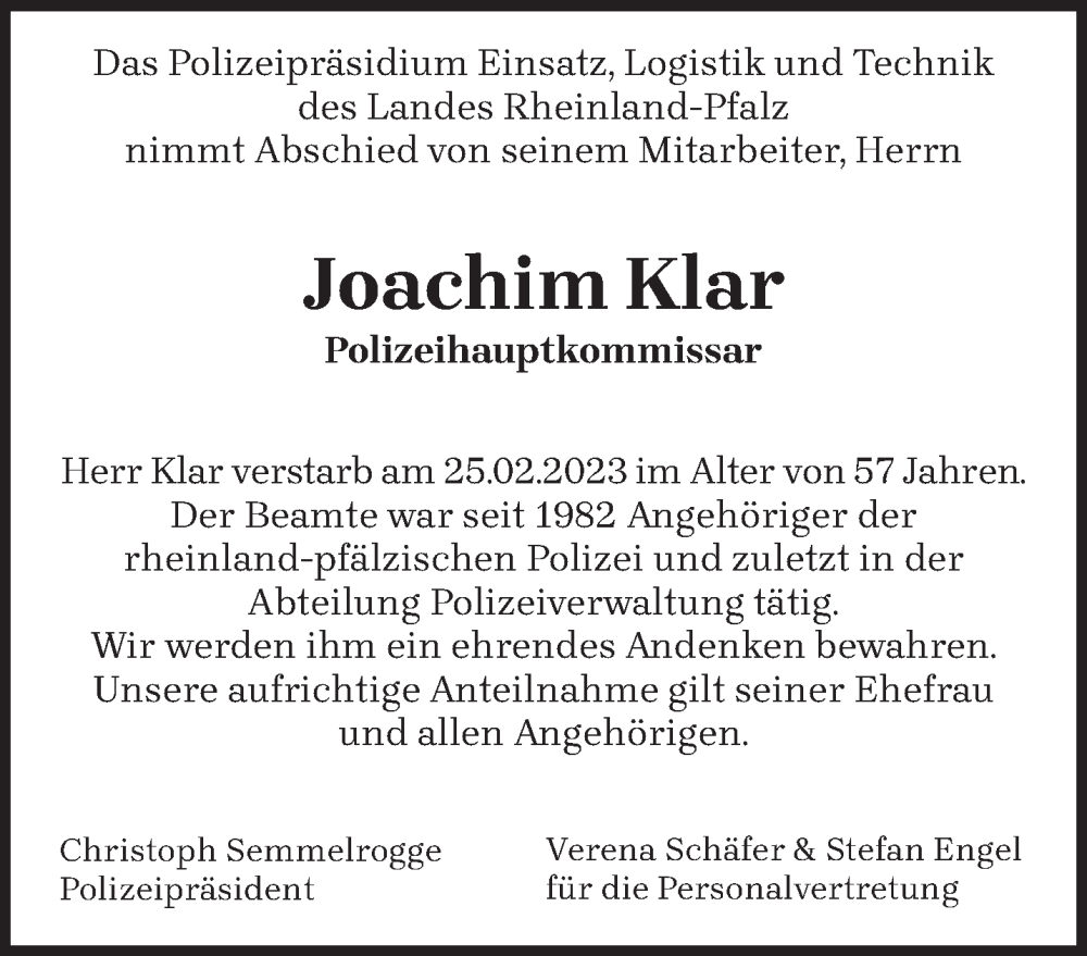  Traueranzeige für Joachim Klar vom 11.03.2023 aus trierischer_volksfreund