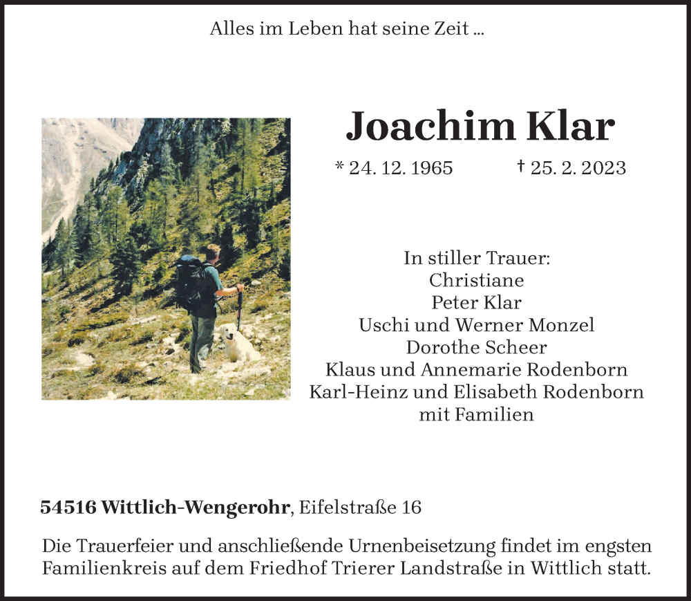  Traueranzeige für Joachim Klar vom 04.03.2023 aus trierischer_volksfreund