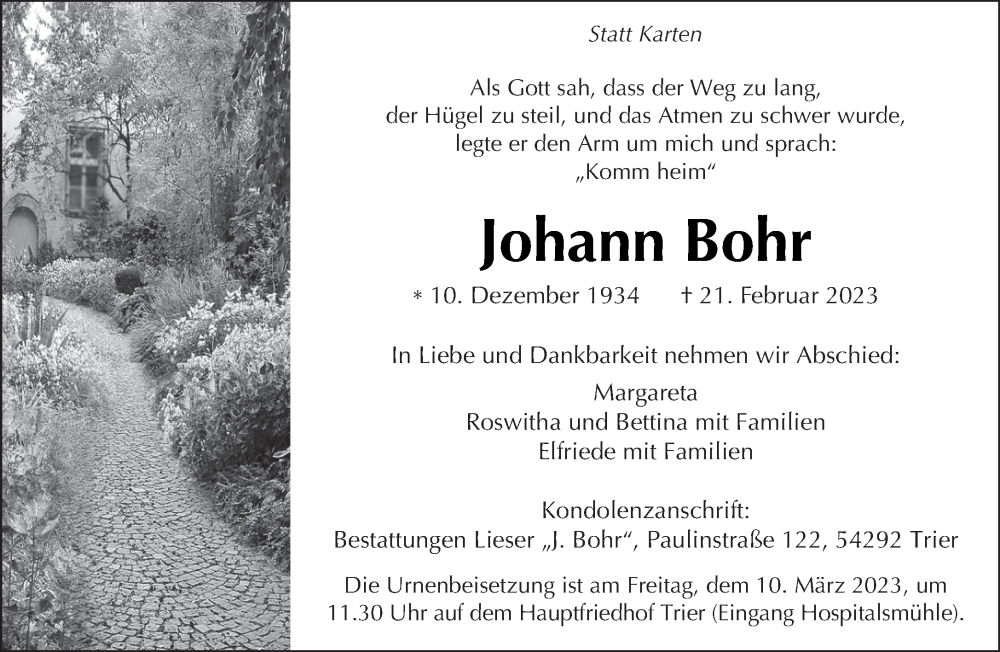  Traueranzeige für Johann Bohr vom 04.03.2023 aus trierischer_volksfreund