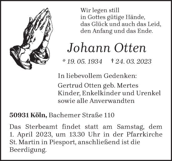 Traueranzeige von Johann Otten von trierischer_volksfreund