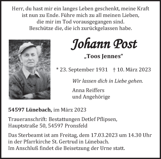 Traueranzeige von Johann Post von trierischer_volksfreund