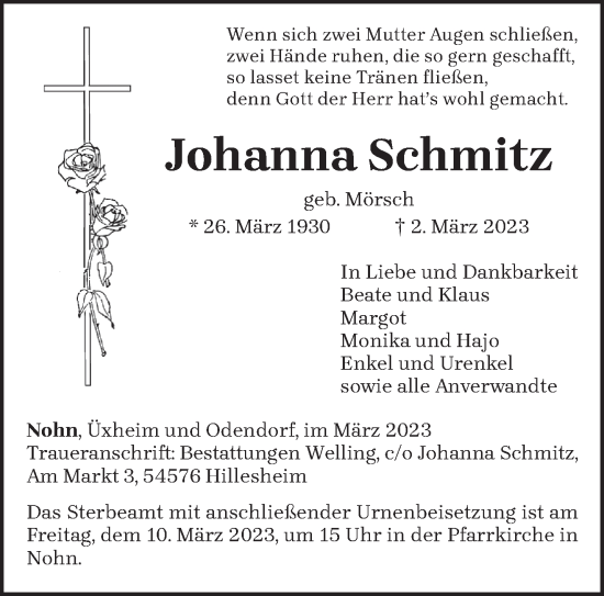 Traueranzeige von Johanna Schmitz von trierischer_volksfreund