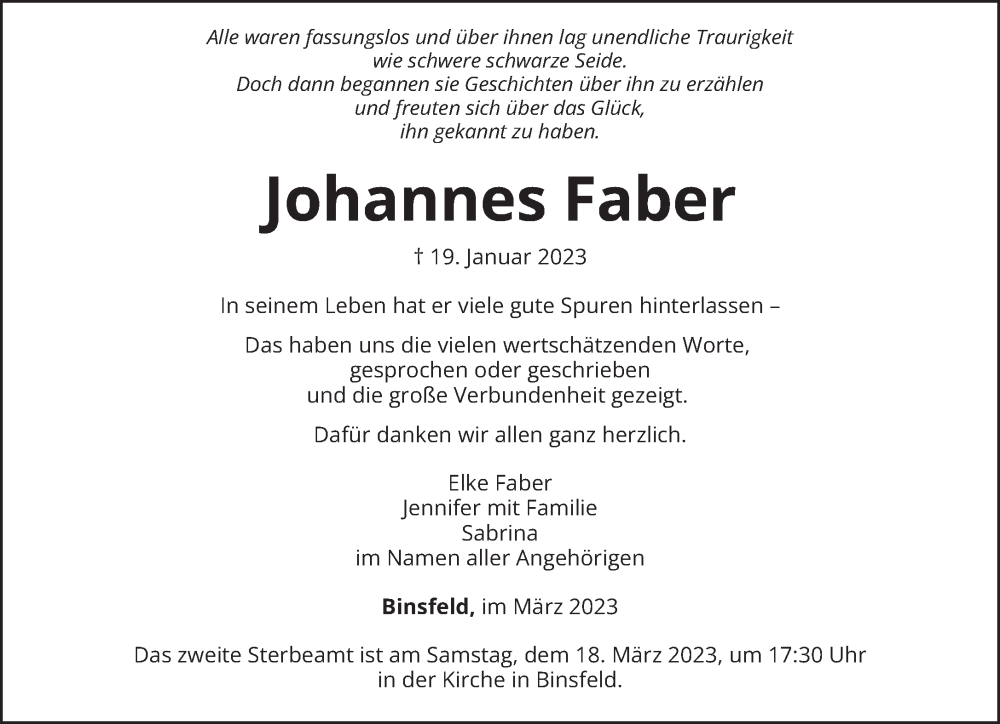  Traueranzeige für Johannes Faber vom 11.03.2023 aus trierischer_volksfreund