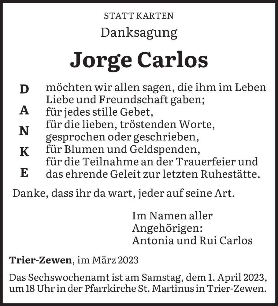  Traueranzeige für Jorge Carlos vom 25.03.2023 aus trierischer_volksfreund