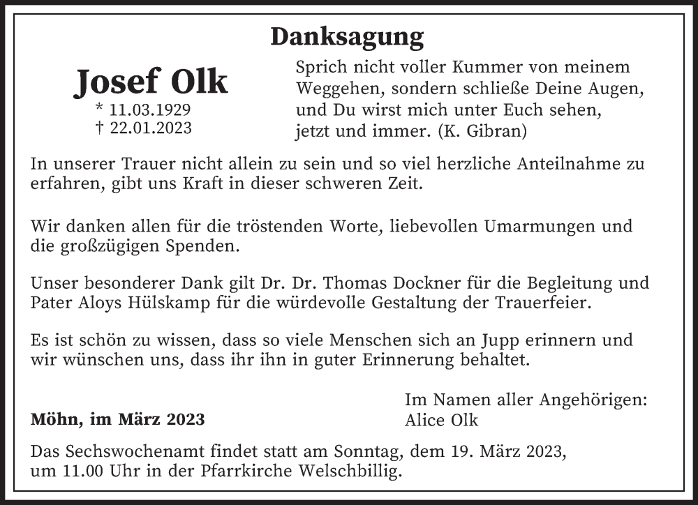  Traueranzeige für Josef Olk vom 11.03.2023 aus trierischer_volksfreund