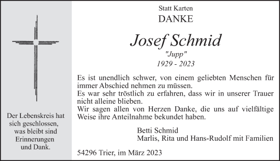 Traueranzeige von Josef Schmid von trierischer_volksfreund