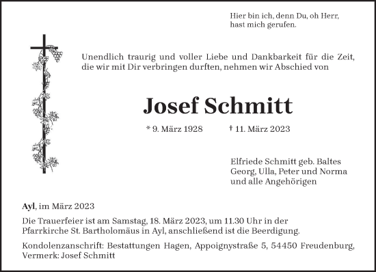 Traueranzeige von Josef Schmitt von trierischer_volksfreund