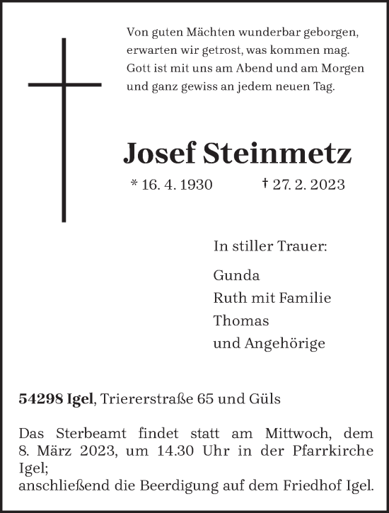 Traueranzeige von Josef Steinmetz von trierischer_volksfreund