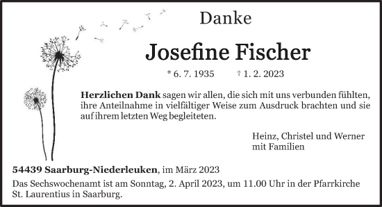 Traueranzeige von Josefine Fischer von trierischer_volksfreund