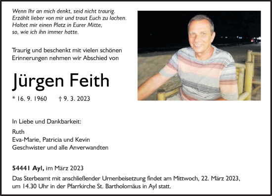 Traueranzeige von Jürgen Feith von trierischer_volksfreund