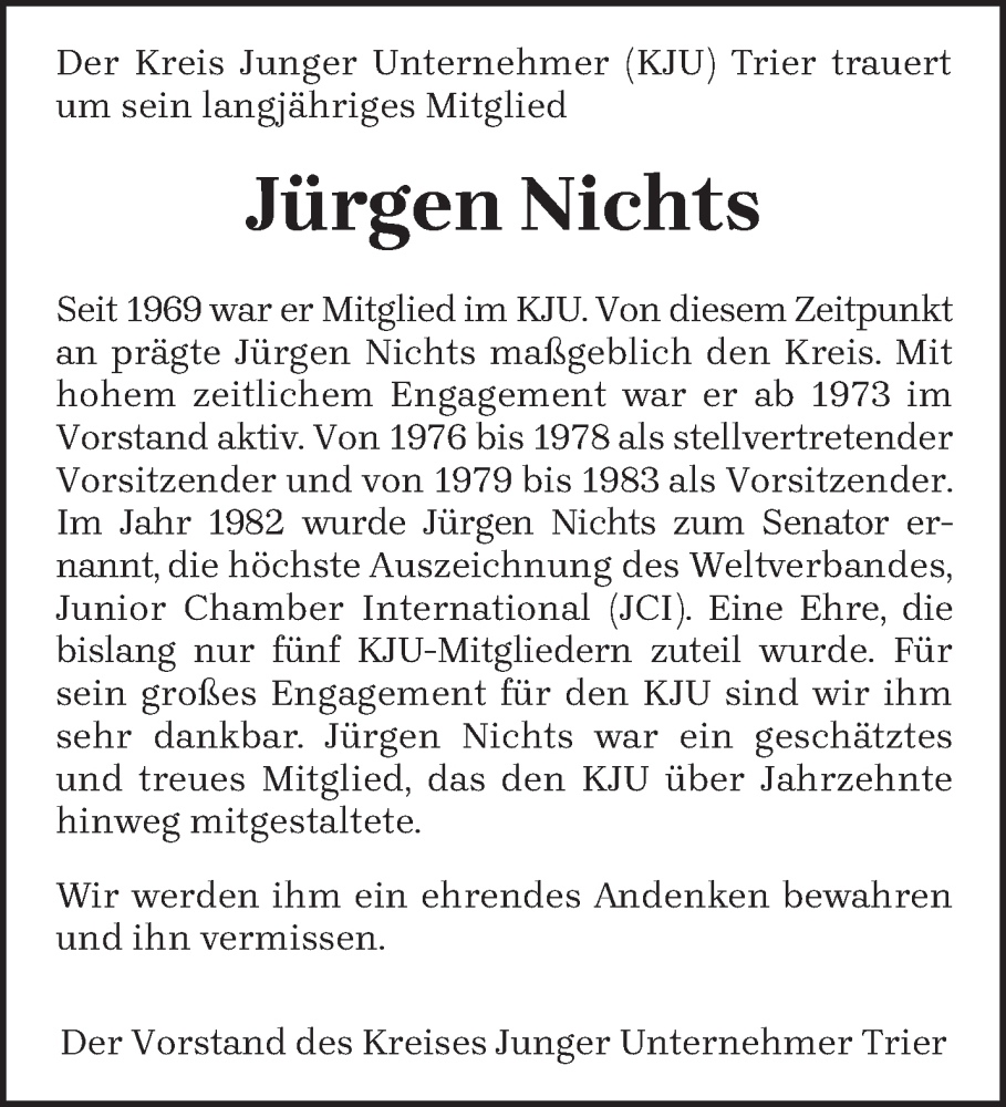  Traueranzeige für Jürgen Nichts vom 25.03.2023 aus trierischer_volksfreund