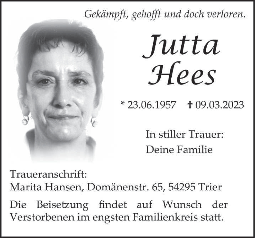  Traueranzeige für Jutta Hees vom 18.03.2023 aus trierischer_volksfreund