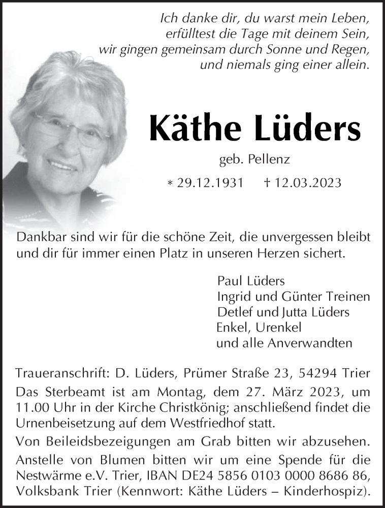 Traueranzeige für Käthe Lüders vom 22.03.2023 aus trierischer_volksfreund