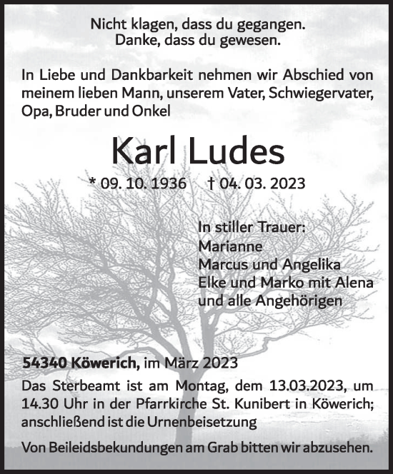 Traueranzeige von Karl Ludes von trierischer_volksfreund