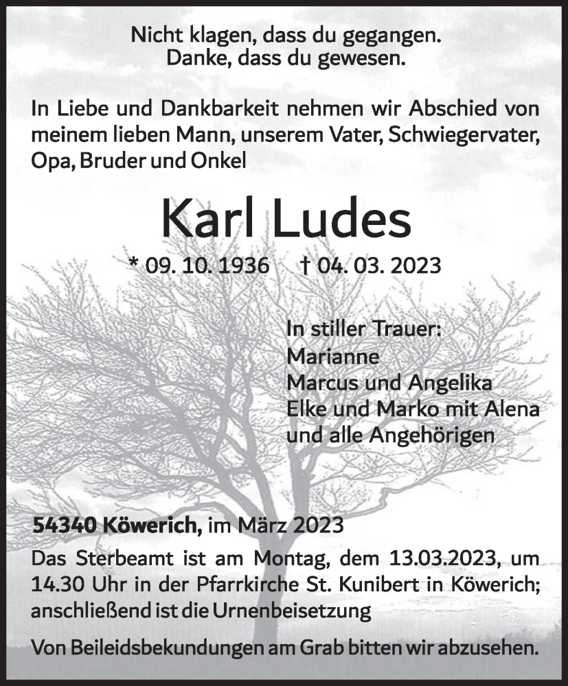  Traueranzeige für Karl Ludes vom 11.03.2023 aus trierischer_volksfreund