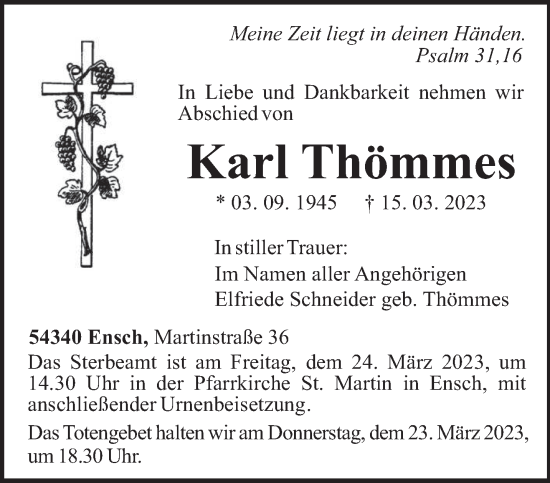 Traueranzeige von Karl Thömmes von trierischer_volksfreund