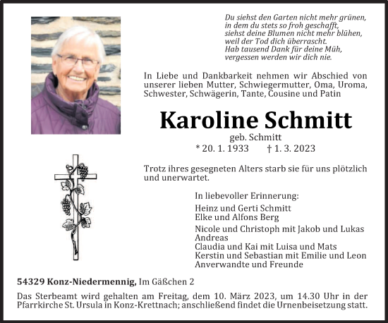 Traueranzeige von Karoline Schmitt von trierischer_volksfreund