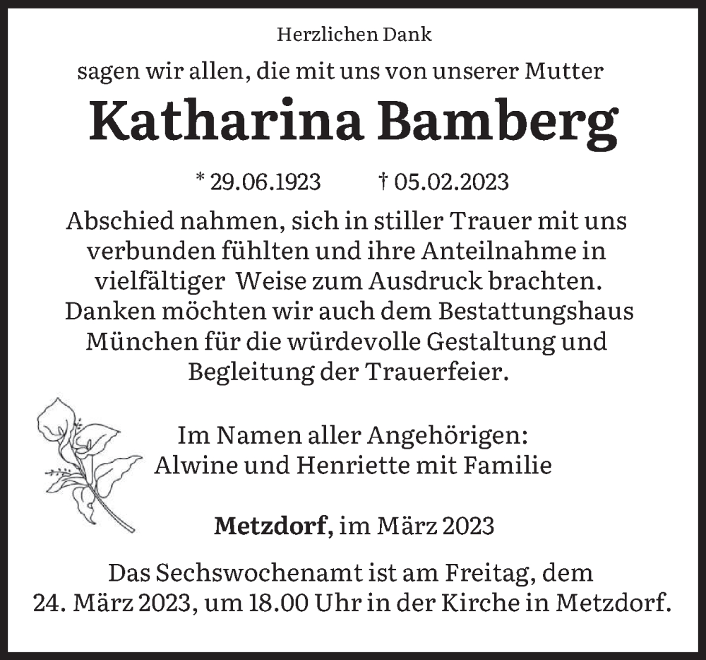 Traueranzeige für Katharina Bamberg vom 22.03.2023 aus trierischer_volksfreund