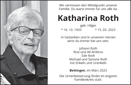 Traueranzeige von Katharina Roth von trierischer_volksfreund