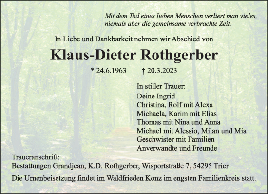 Traueranzeige von Klaus-Dieter Rothgerber von trierischer_volksfreund