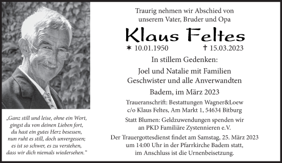 Traueranzeige von Klaus Feltes von trierischer_volksfreund