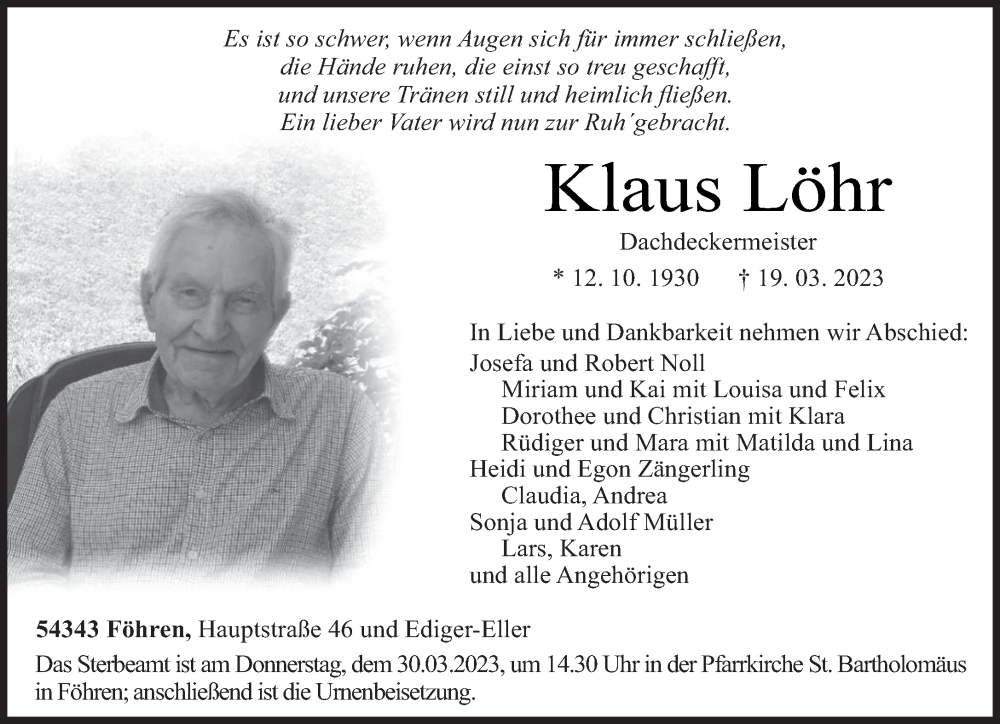  Traueranzeige für Klaus Löhr vom 25.03.2023 aus trierischer_volksfreund
