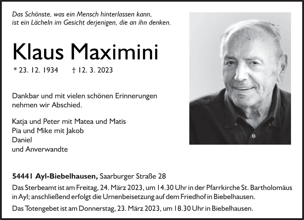  Traueranzeige für Klaus Maximini vom 18.03.2023 aus trierischer_volksfreund