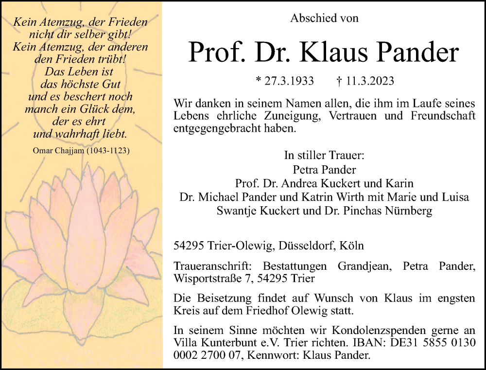  Traueranzeige für Klaus Pander vom 18.03.2023 aus trierischer_volksfreund