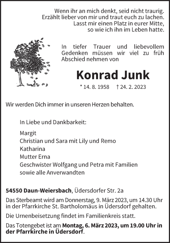 Traueranzeige von Konrad Junk von trierischer_volksfreund