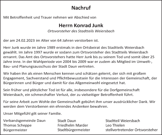 Traueranzeige von Konrad Junk von trierischer_volksfreund