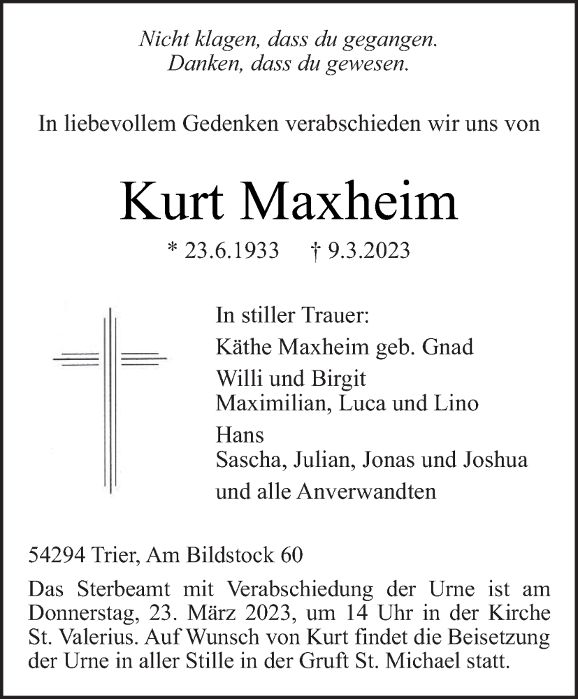 Traueranzeige für Kurt Maxheim vom 18.03.2023 aus trierischer_volksfreund
