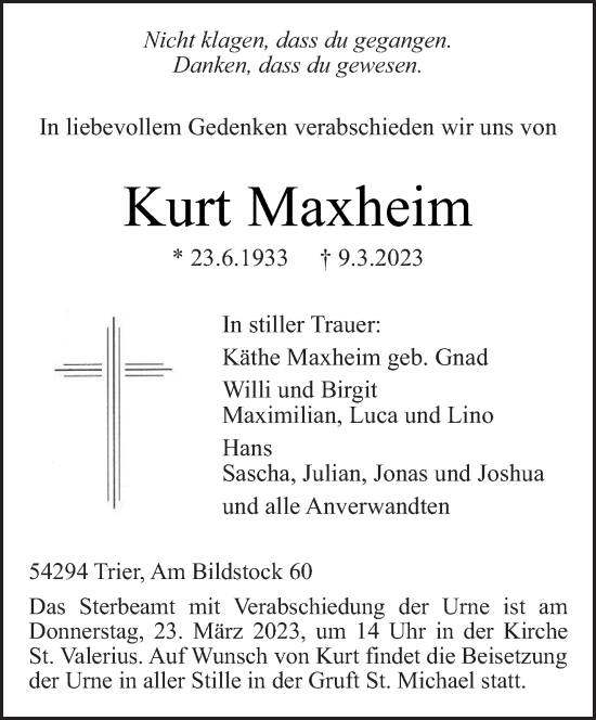 Traueranzeige von Kurt Maxheim von trierischer_volksfreund