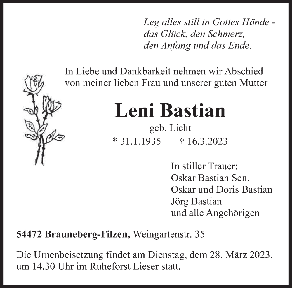  Traueranzeige für Leni Bastian vom 18.03.2023 aus trierischer_volksfreund