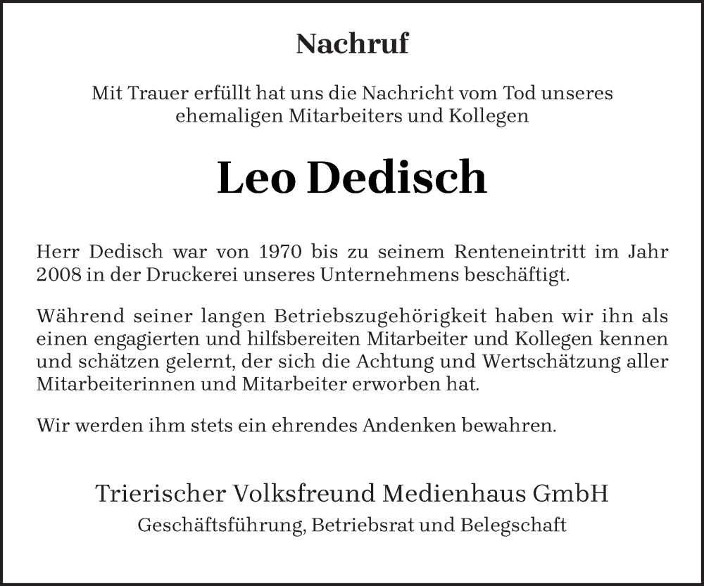  Traueranzeige für Leo Dedisch vom 18.03.2023 aus trierischer_volksfreund