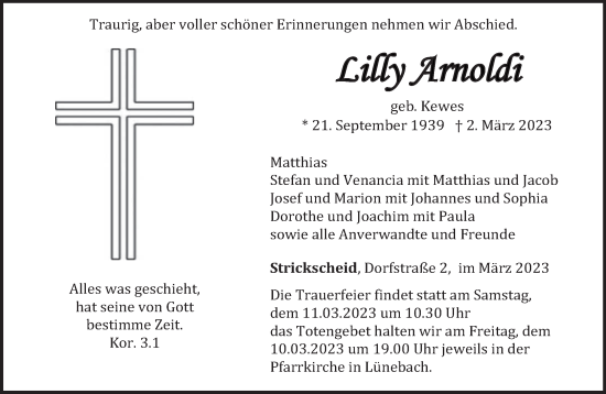 Traueranzeige von Lilly Arnoldi von trierischer_volksfreund