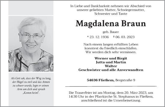 Traueranzeige von Magdalena Braun von trierischer_volksfreund