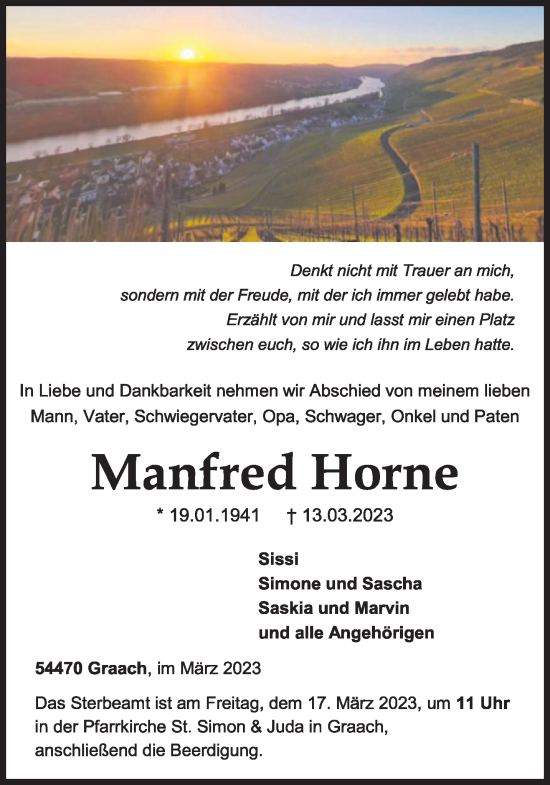 Traueranzeige von Manfred Horne von trierischer_volksfreund