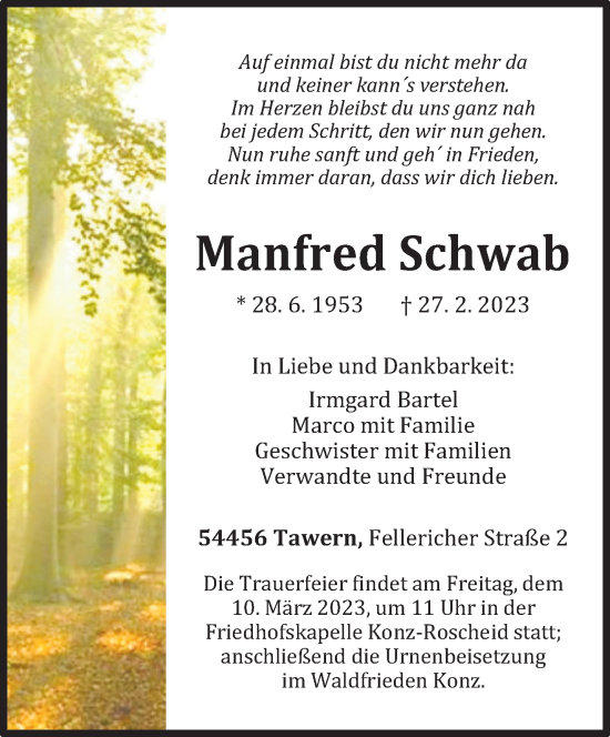 Traueranzeige von Manfred Schwab von trierischer_volksfreund