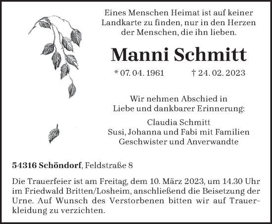 Traueranzeige von Manni Schmitt von trierischer_volksfreund