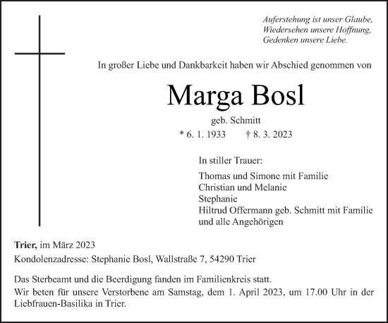 Traueranzeige von Marga Bosl von trierischer_volksfreund
