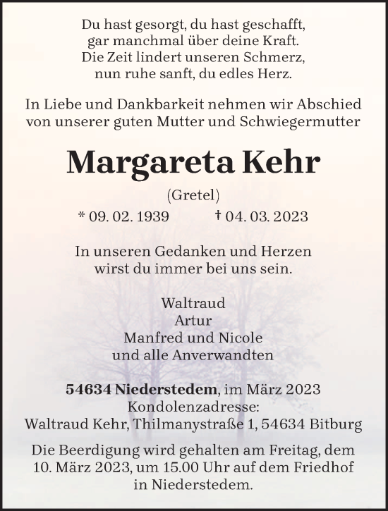 Traueranzeige von Margareta Kehr von trierischer_volksfreund
