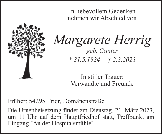 Traueranzeige von Margarete Herrig von trierischer_volksfreund