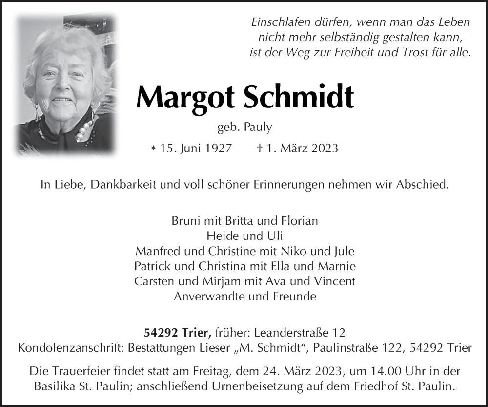  Traueranzeige für Margot Schmidt vom 11.03.2023 aus trierischer_volksfreund