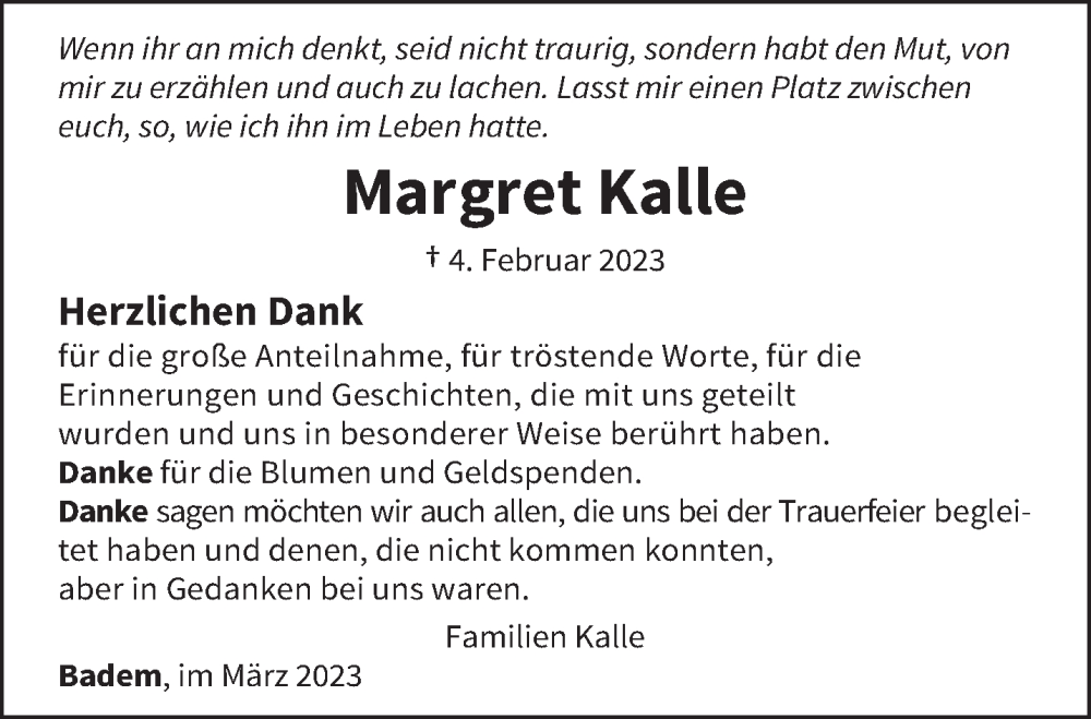  Traueranzeige für Margret Kalle vom 18.03.2023 aus trierischer_volksfreund